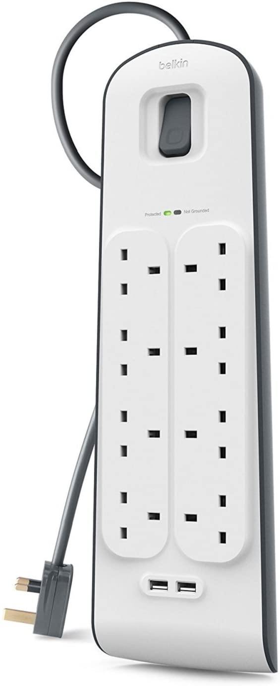 Belkin 8 Way 2 m Surge Protection Extension Lead Strip with 2 x 2.4 A Shared USB Charging Plug - Papaval