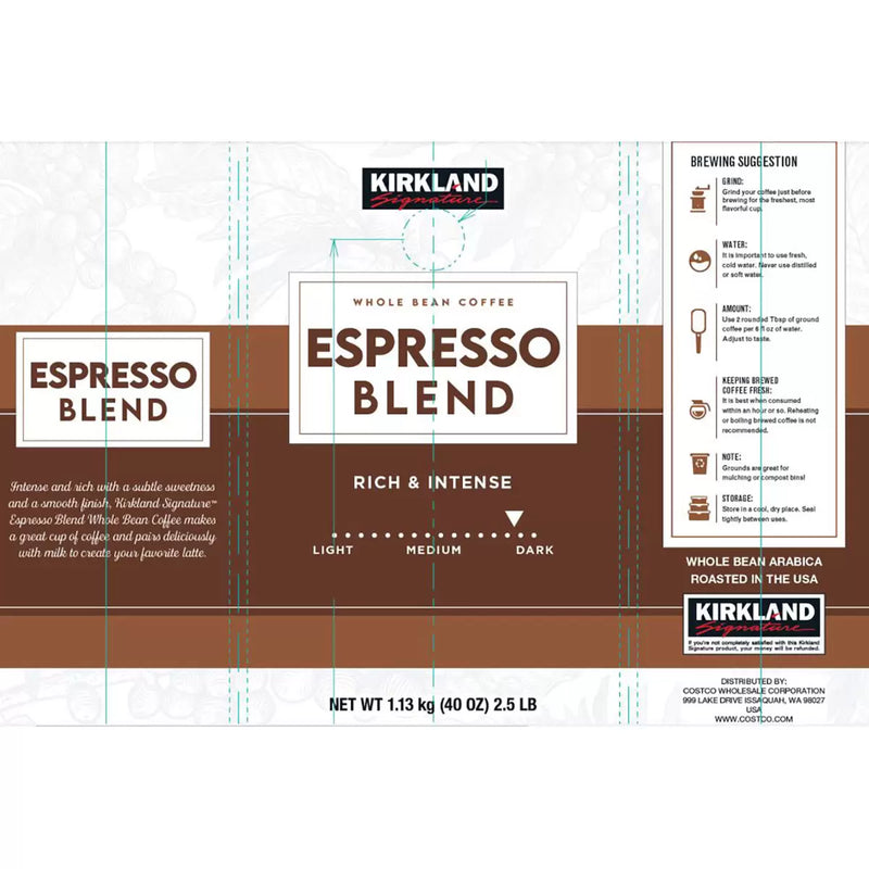 Kirkland Signature Whole Bean Coffee Espresso Blend Dark roast Pack of  1.13kg