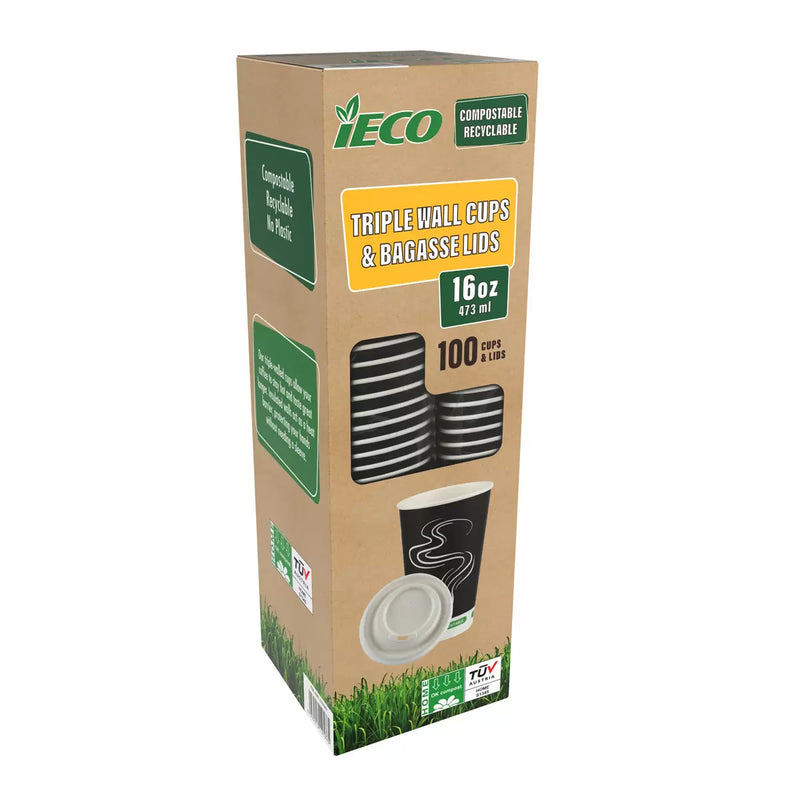 Ieco Recyclable Triple Wall Hot Cups & Lids, 473ml, 16oz x 100 Pack