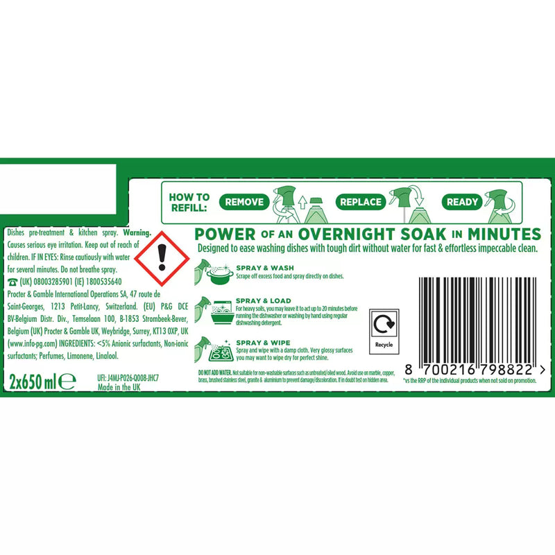 Fairy Skip The Soak Power Spray, 2x Spray & 2x Refill, 2600ml