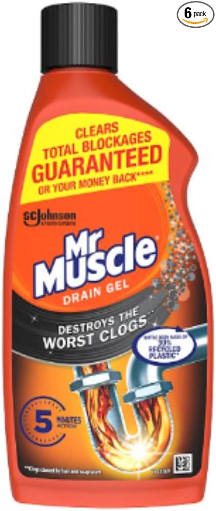 Mr Muscle Power Gel Kitchen Drain Cleaner & Bathroom Plughole Unblocker - Case of 6X 500ml