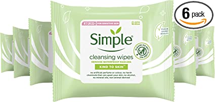 Simple Kind to Skin - Facial Wipes for sensitive skin with Glycerin, Vitamin E,and Vitamin B5 -25 Count (Pack of 6)