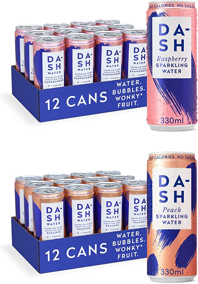Dash Water Raspberry & Peach - 24 x Flavoured Sparkling Spring Water NO Sugar, NO Sweetener, NO Calories - Infused with Wonky Fruit (12 Raspberry & 12 Peach x 330ml cans)