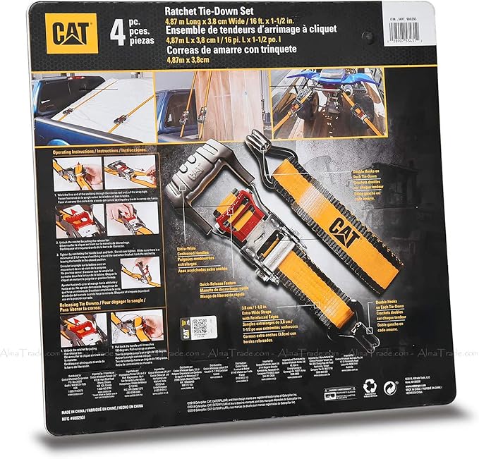 CAT Heavy Duty Ratchet Tie Down Straps Caterpillar 4 Piece Set Pack 1.5"x 16ft