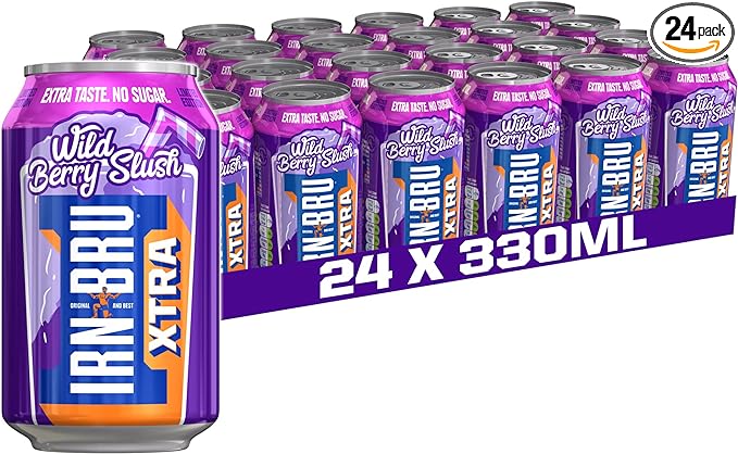IRN-BRU XTRA Wild Berry Slush, Zero No Sugar & Low Calorie Fizzy Drink - 24 x 330ml Cans