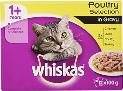 whiskas 1+ Cat Pouches Poultry in Gravy 12 x 100g (PACK OF 4)