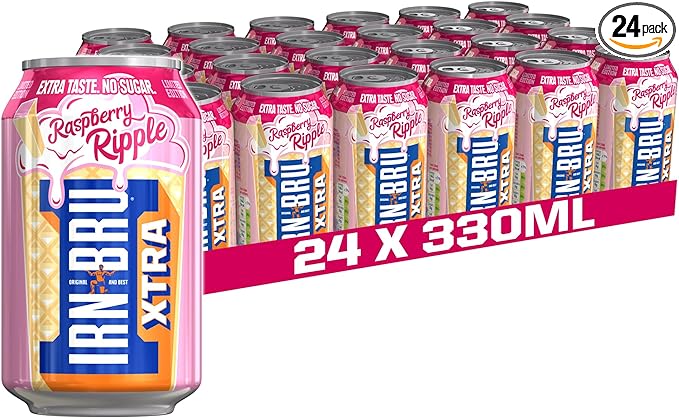 IRN-BRU XTRA Raspberry Ripple Summer Flavour, Zero No Sugar & Low Calorie Fizzy Drink - 24 x 330ml Cans