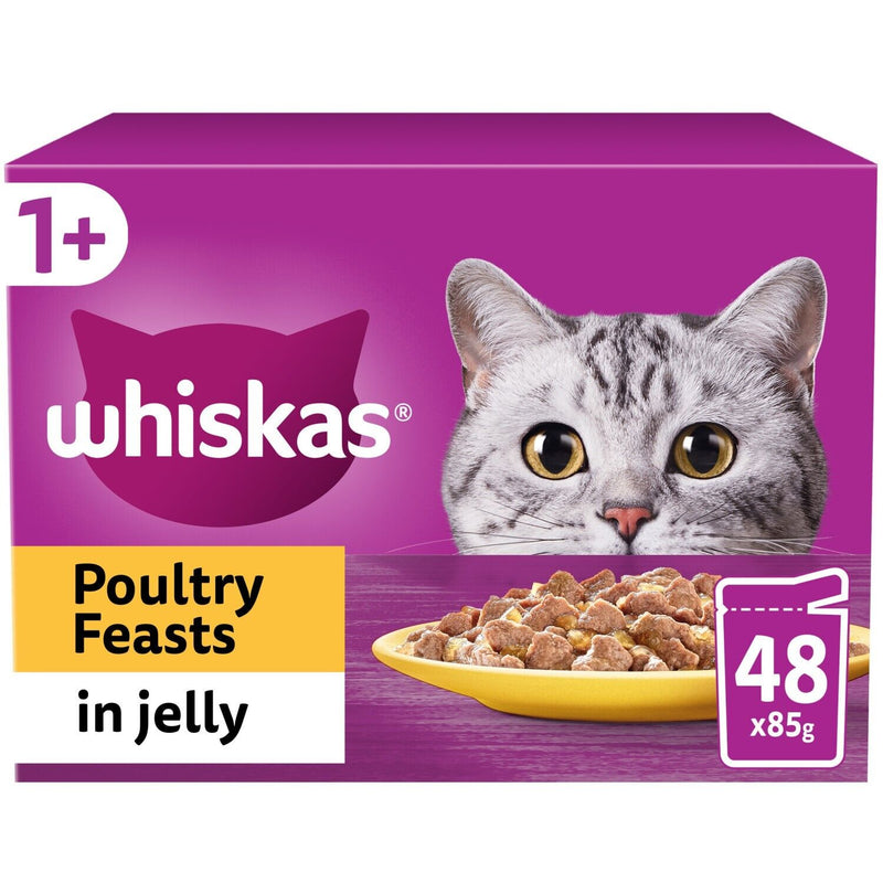 Whiskas 1+ Poultry Feasts Adult Wet Cat Food Pouches in Jelly Variety Pack