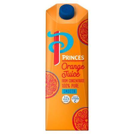 Princes 100% Pure Orange Juice from Concentrate Smooth 1 Litre (Pack of 12) - Papaval