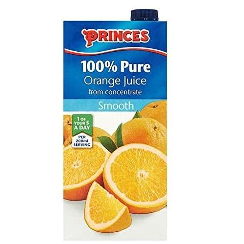 Princes 100% Pure Orange Juice from Concentrate Smooth 1 Litre (Pack of 12) - Papaval