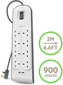 Belkin 8 Way 2 m Surge Protection Extension Lead Strip with 2 x 2.4 A Shared USB Charging Plug - Papaval