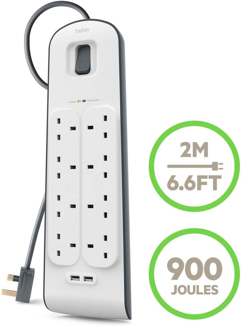 Belkin 8 Way 2 m Surge Protection Extension Lead Strip with 2 x 2.4 A Shared USB Charging Plug - Papaval