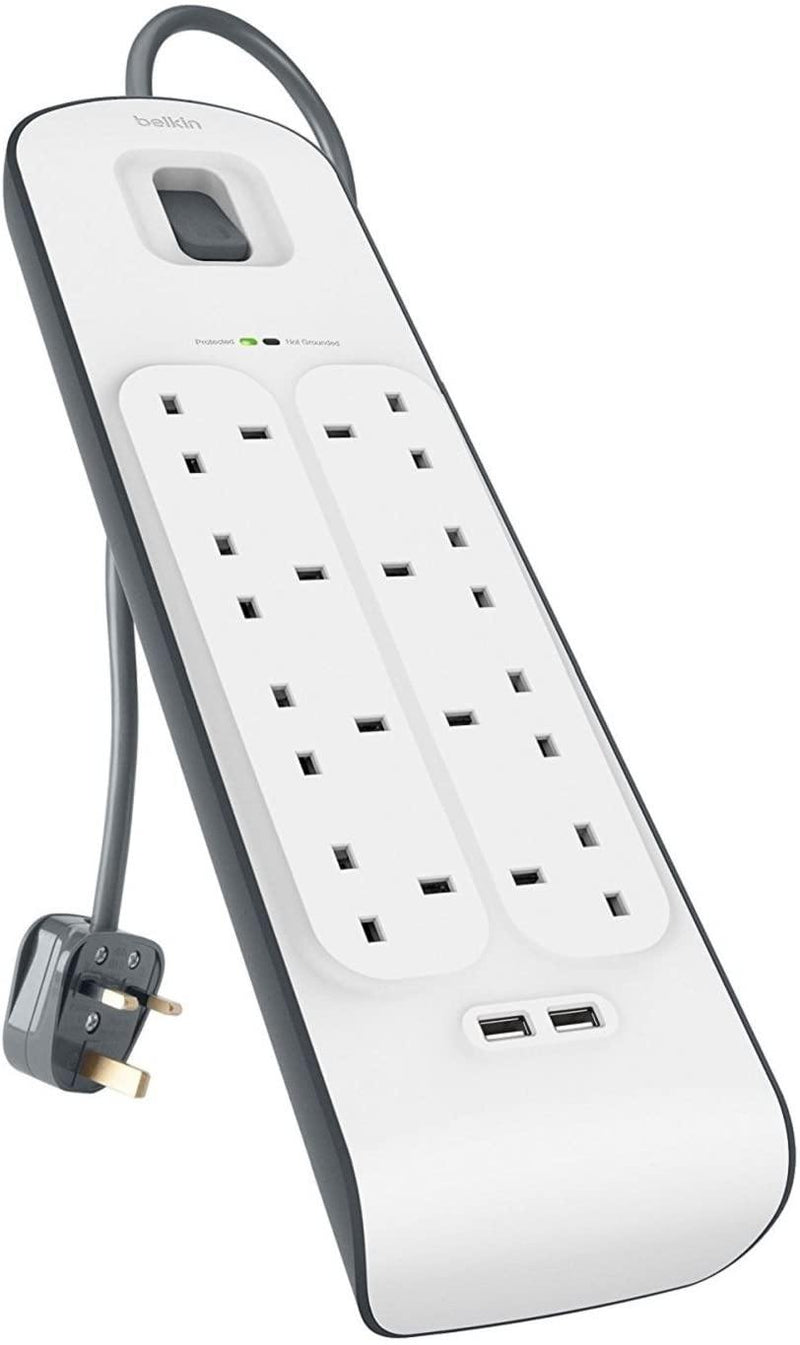 Belkin 8 Way 2 m Surge Protection Extension Lead Strip with 2 x 2.4 A Shared USB Charging Plug - Papaval