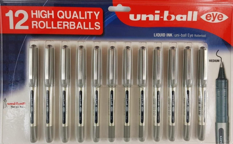 Uni-ball 157 Black Medium Nib Eye Fine Roller ball Pen - Black Pack 12 - Papaval