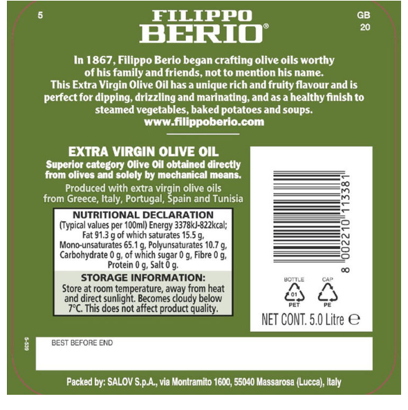 Filippo Berio Extra Virgin Olive Oil Rich healthy  Flavour, 5L - Papaval