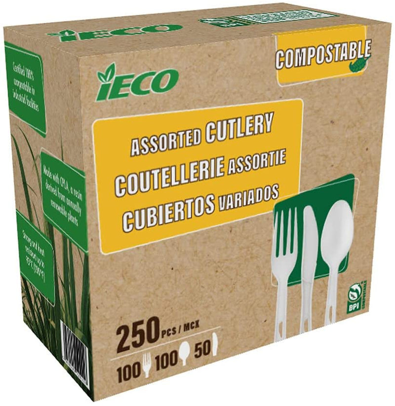 iECO Compostable Cutlery, Pack of 250 - 100 spoons x Fork 100 x 50 Knives