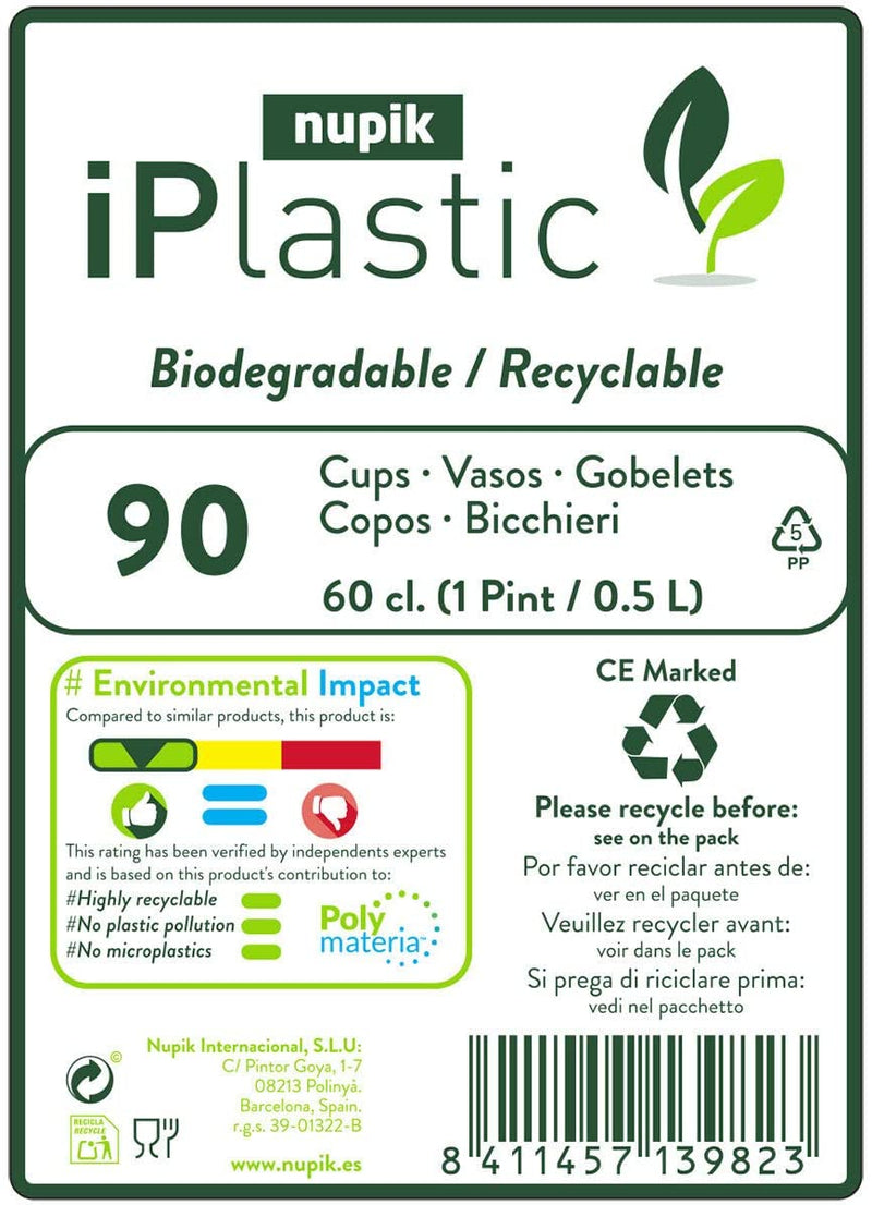 Nupik iPlastic Biodegradable and Recyclable Pint Tumblers, Pack of 90