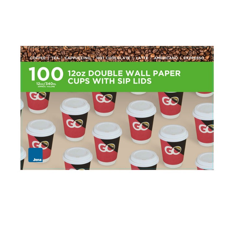 Jena 12oz Double Wall Paper Cup & Lids, Pack of 100