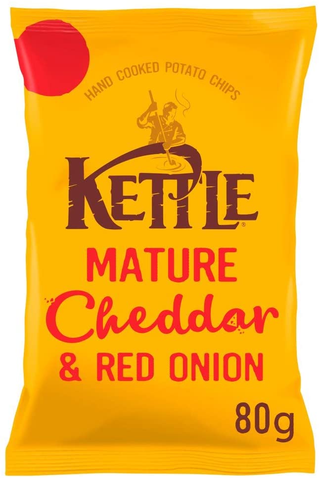 Kettle Crisps - Mature Cheddar Cheese & Red Onion - British Potato Chips - No Artificial Colours or Preservatives - 80g Bag - 12 Pack