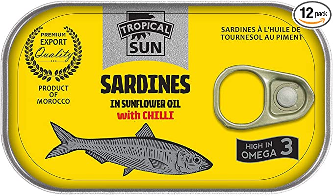 Tropical Sun Sardines in sunflower oil and  Chilli Flavour, 125g (Pack of 12)