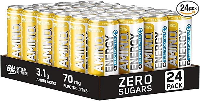 Optimum Nutrition ON Essential Amino Energy + Electrolytes, Sugar Free EAA Energy Drink with Electrolytes and Caffeine, Tropical, 24 Pack, 250 ml