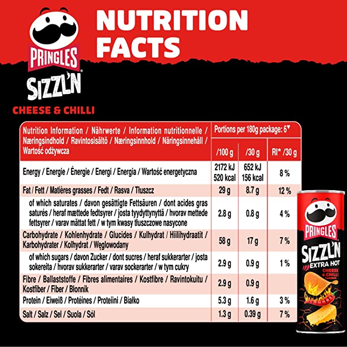 Pringles Sizzl'n Extra Hot, Cheese & Chilli Pack of 6x180g