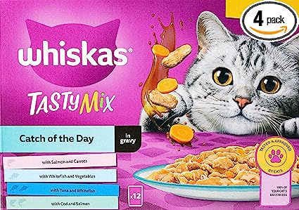 WHISKAS 1+ Cat Pouches Tasty Mix Catch Of The Day in Gravy 12x85g (Pack of 4)
