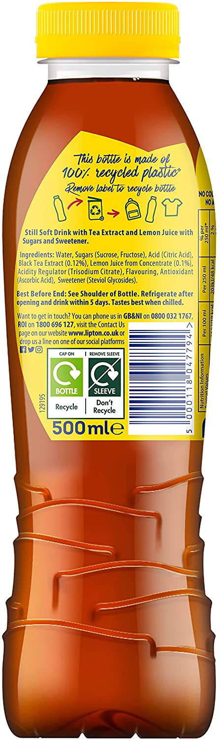 Lipton Ice Tea Lemon Soft Drink (Pack Of 12 x 500 ml)