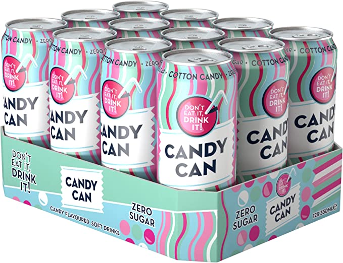 Candy Can, Cotton Candy, Fizzy Drink, Nostalgic American Soda Flavours, Sugar Free, Sparkling Pop Cans (330ml x 12 Pack)