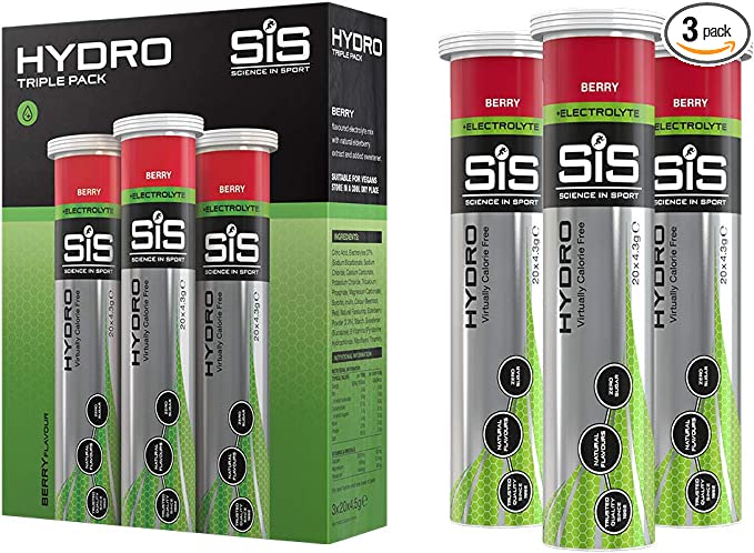 Science In Sport Hydro Hydration Tablets, Gluten-Free, Zero Sugar, Berry Flavour Plus Electrolytes, 20 Effervescent Tablets per Bottle (3 Bottles)