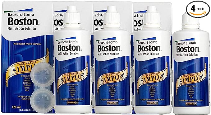 Boston Simplus Multi-Action Solution, 4x 120ml Contact Lens Solution for Rigid Gas Permeable Contact Lenses - Clean, Disinfect & Condition with 4x Lens Cases