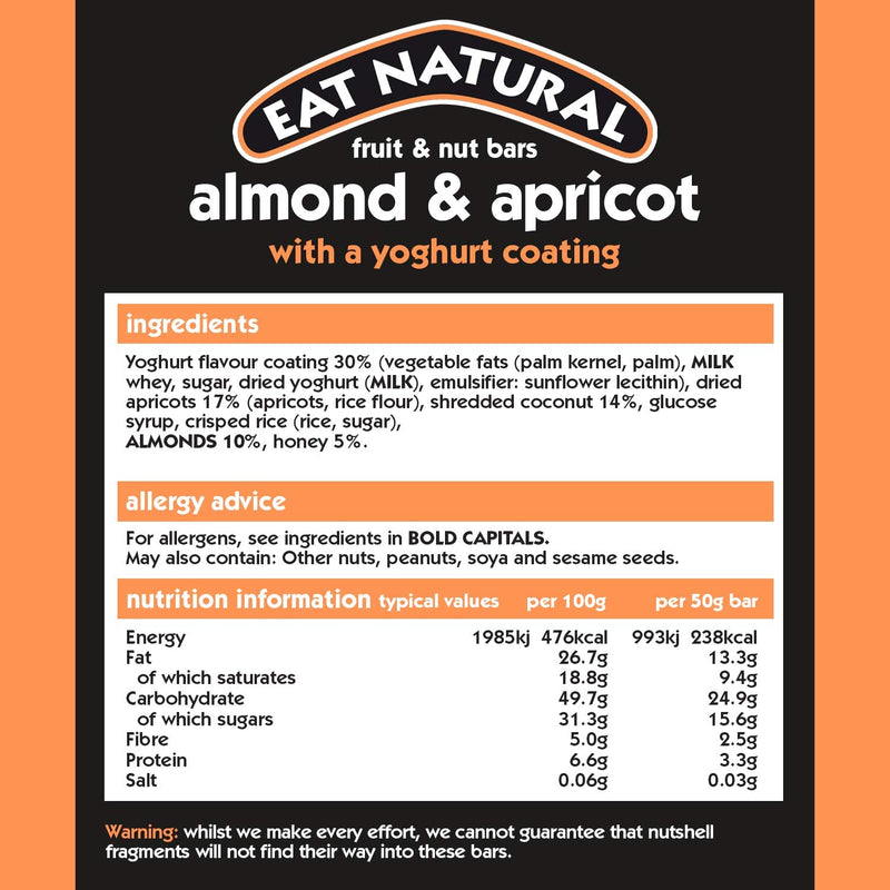Eat Natural Snack Bars - Almonds & Apricots Yogurt Coated Cereal Bar - 12 Pack - Gluten-Free Vegan Snack Bars - Healthier Snacks for Adults