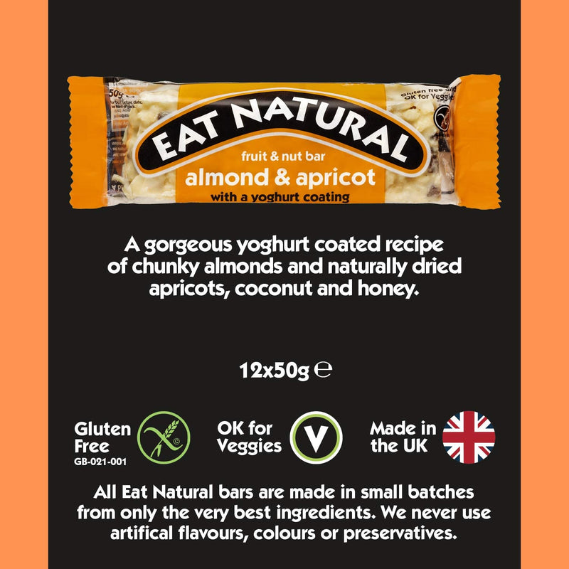 Eat Natural Snack Bars - Almonds & Apricots Yogurt Coated Cereal Bar - 12 Pack - Gluten-Free Vegan Snack Bars - Healthier Snacks for Adults