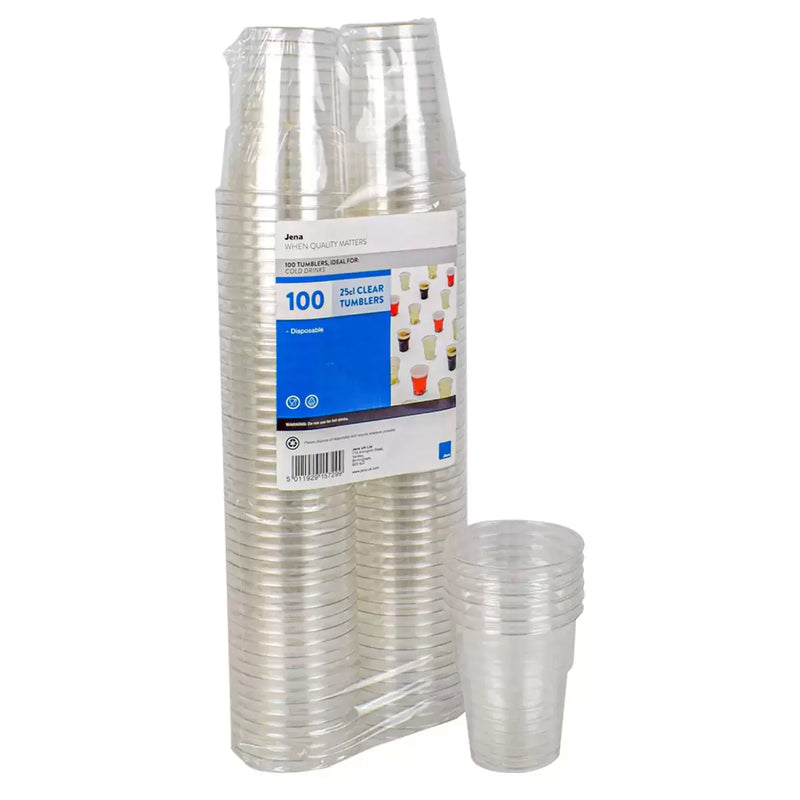 Jena Disposable Strong & Transparent Plastic Tumblers (250 ml x Pack of 100),