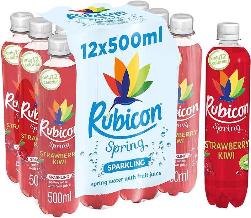 Rubicon Spring Strawberry Kiwi Flavoured Sparkling Spring Water, 500ml - Pack of 12