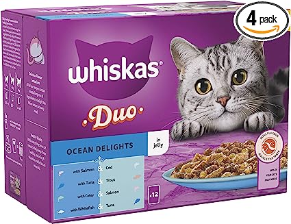 Whiskas Tasty Duo 1+ Ocean Delight in Jelly 48x85g Pouches, Adult Cat Food, Pack of 4 (12x85g)