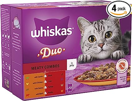 Whiskas Tasty Duo 1+ Meaty Combos in Jelly 48x85g Pouches, Adult Cat Food, Pack of 4 (12x85g)