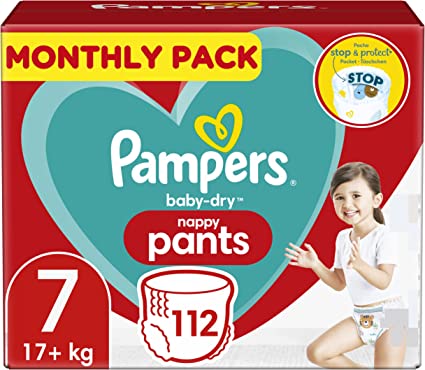 Pampers Baby Nappy Pants Size 7 (17+ kg/37.5 Lb), Baby-Dry, 112 Nappies