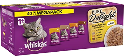 whiskas 80 x 85g, 1+ Adult Cat Food Pouches Pure Delight Poultry Selection In Jelly Giant Pack