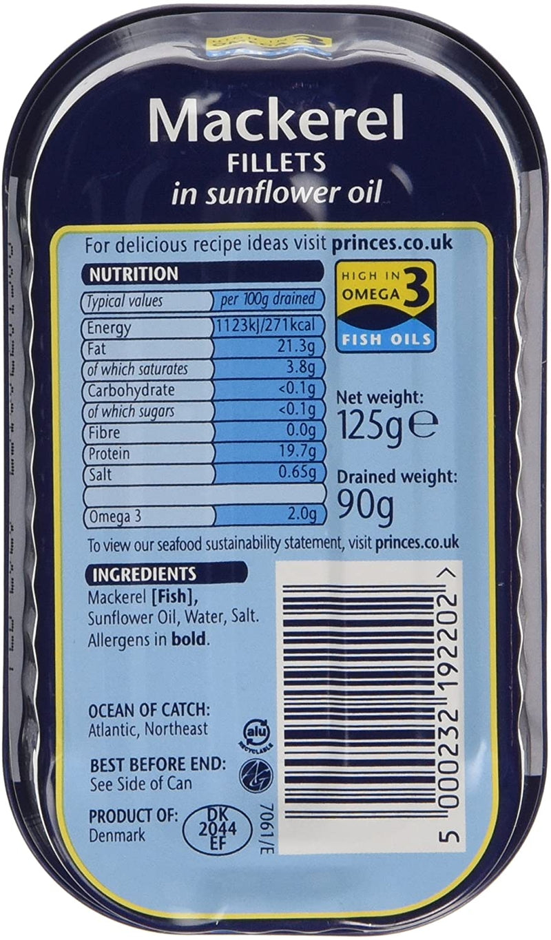 Princes Mackerel Fillets in Sunflower Oil, 125 g (Pack of 10)