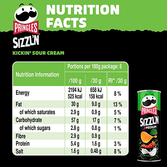 Pringles Sizzl'n Medium, Kickin' Sour Cream, 180g (Pack of 6)