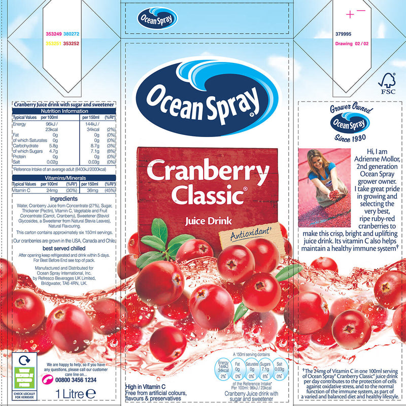 Oceanspray Cranberry Juice, 12 Pack x 1L - NEW PACK