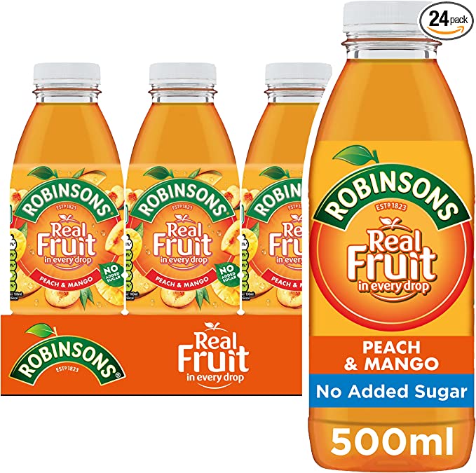 Robinsons Ready to Drink Low Calorie, No Artificials, Peach & Mango, 500 ml, Pack of 24, 500ml (Pack of 24)