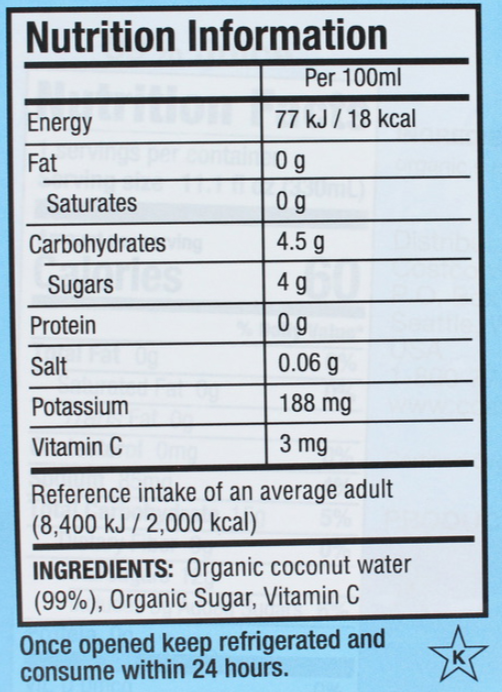 Kirkland Signature Organic Coconut Water, 12 x 330ml