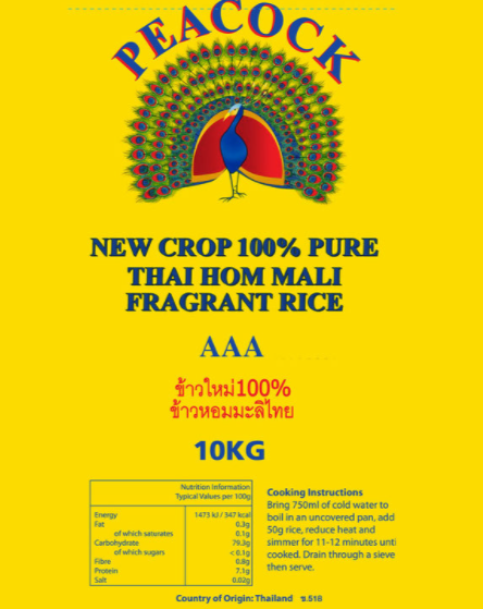 Peacock Thai Hom Mali Fragrant Rice, 10kg