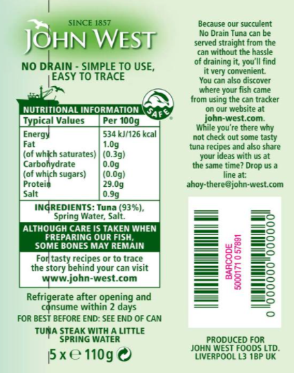 John West No Drain Tuna Steak in Spring Water Pack of 5 x 110g