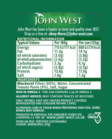 John West Mackerel Fillets in Tomato Sauce Pack of 10x125g