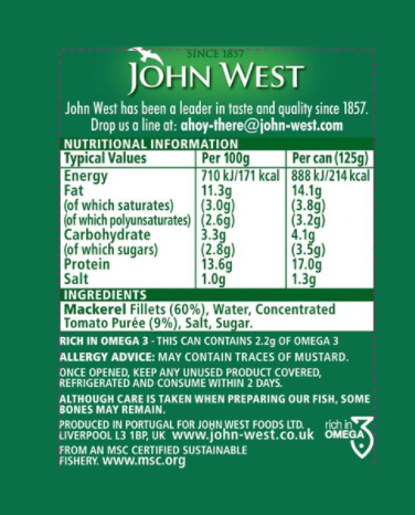 John West Mackerel Fillets in Tomato Sauce, 10 x 125g