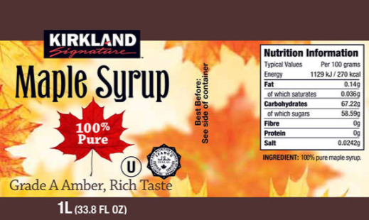 Kirkland Signature 100% Pure Grade A Amber Maple Syrup Pack of 1x1L