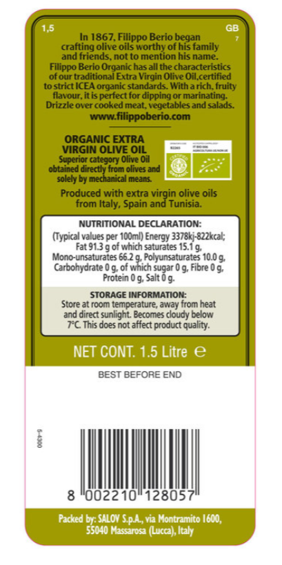 Filippo Berio Organic Extra Virgin Olive Oil, 2 * 1.5L